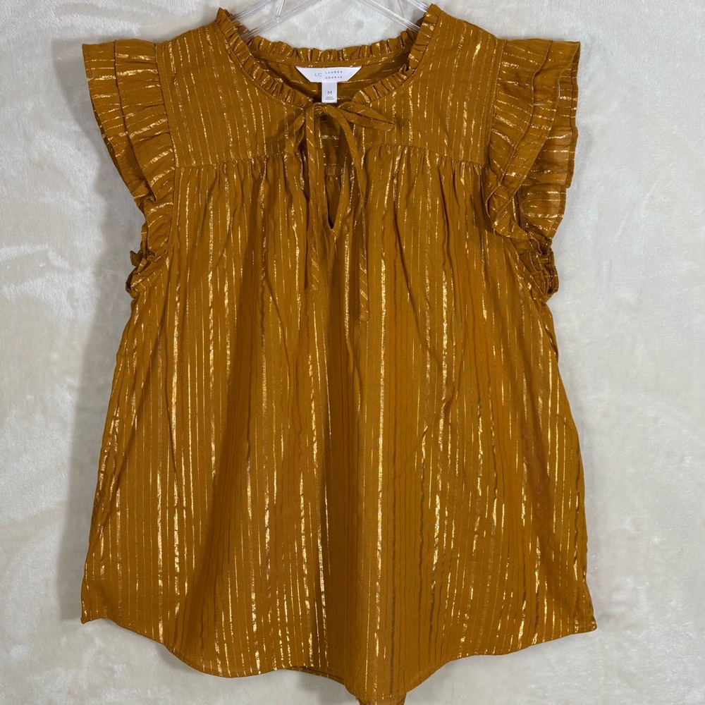 LC Lauren Conrad Women's Mustard Yellow Metallic Stripe Ruffle Top Size M